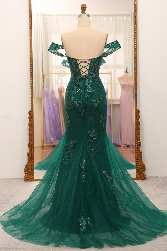 Mermaid Off The Shoulder Dark Green Prom Dress with Appliques