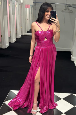 Fuchsia A-Line Spaghetti Straps Pleated Prom Dress with Slit