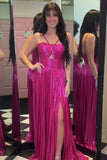 Fuchsia A-Line Spaghetti Straps Pleated Prom Dress with Slit