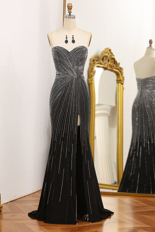 Black Beaded Mermaid Sweetheart Long Prom Dress