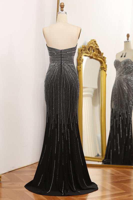 Black Beaded Mermaid Sweetheart Long Prom Dress