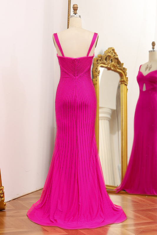 Fuchsia Beaded Mermaid V-Neck Long Prom Dress