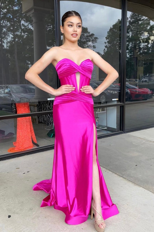 Sparkly Mermaid Fuchsia Corset Prom Dress with Slit