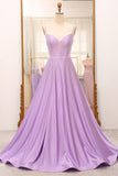 Simple Sparkly Lilac A-Line Side Slit Corset Prom Dresses with Rhinestones