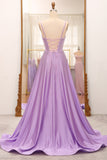 Simple Sparkly Lilac A-Line Side Slit Corset Prom Dresses with Rhinestones