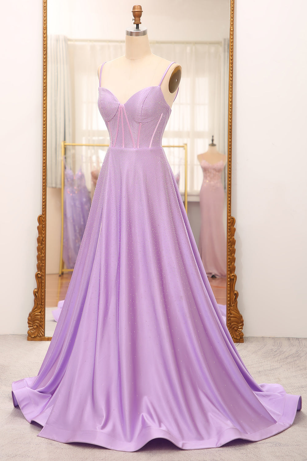 Simple Sparkly Lilac A-Line Side Slit Corset Prom Dresses with Rhinestones