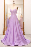 Simple Sparkly Lilac A-Line Side Slit Corset Prom Dresses with Rhinestones