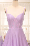 Simple Sparkly Lilac A-Line Side Slit Corset Prom Dresses with Rhinestones