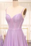 Simple Sparkly Lilac A-Line Side Slit Corset Prom Dresses with Rhinestones