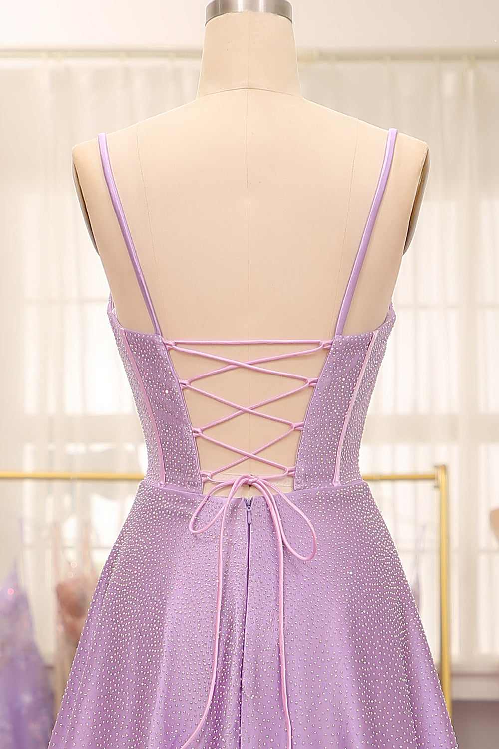 Simple Sparkly Lilac A-Line Side Slit Corset Prom Dresses with Rhinestones