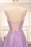 Simple Sparkly Lilac A-Line Side Slit Corset Prom Dresses with Rhinestones