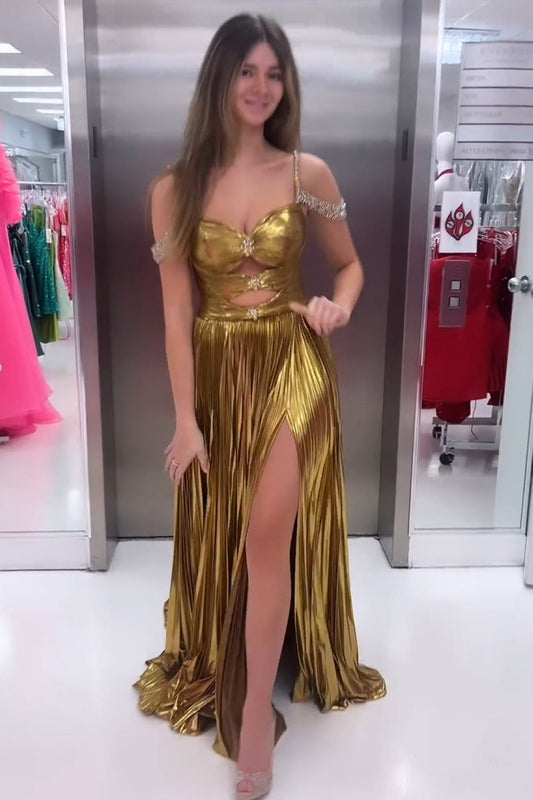 Stunning A Line Off the Shoulder Gold Long Prom Dress with Keyhole