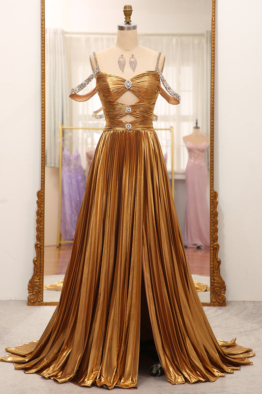 Stunning A Line Off the Shoulder Gold Long Prom Dress with Keyhole