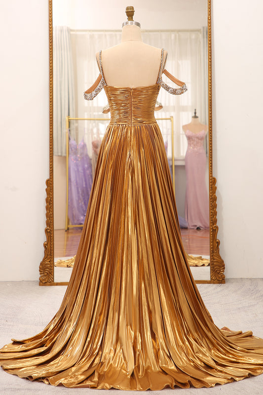 Stunning A Line Off the Shoulder Gold Long Prom Dress with Keyhole