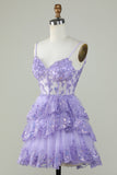 Sparkly Spaghetti Straps Sequins Purple Tiered Homecoming Dress
