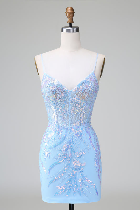 Blue Spaghetti Straps Sequins Homecoming Dress