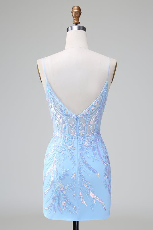 Blue Spaghetti Straps Sequins Homecoming Dress