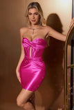 Satin Fuchsia Strapless Bodycon Homecoming Dress With Hollow