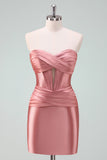 Satin Fuchsia Strapless Bodycon Homecoming Dress With Hollow