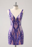 Dark Purple Sequins V Neck Tight Homecoming Dress