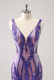 Dark Purple Sequins V Neck Tight Homecoming Dress