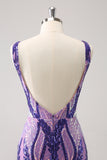 Dark Purple Sequins V Neck Tight Homecoming Dress