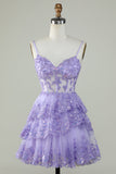 Sparkly Spaghetti Straps Sequins Purple Tiered Homecoming Dress