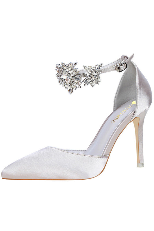 Silver Ankle Strap Prom Heels with Crystals