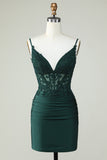 Spaghetti Straps Dark Green Corset Homecoming Dress with Appliques
