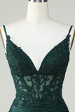 Spaghetti Straps Dark Green Corset Homecoming Dress with Appliques