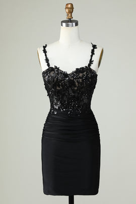 Spaghetti Straps Black Corset Tight Homecoming Dress with Appliques