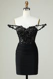 Spaghetti Straps Black Corset Tight Homecoming Dress with Appliques