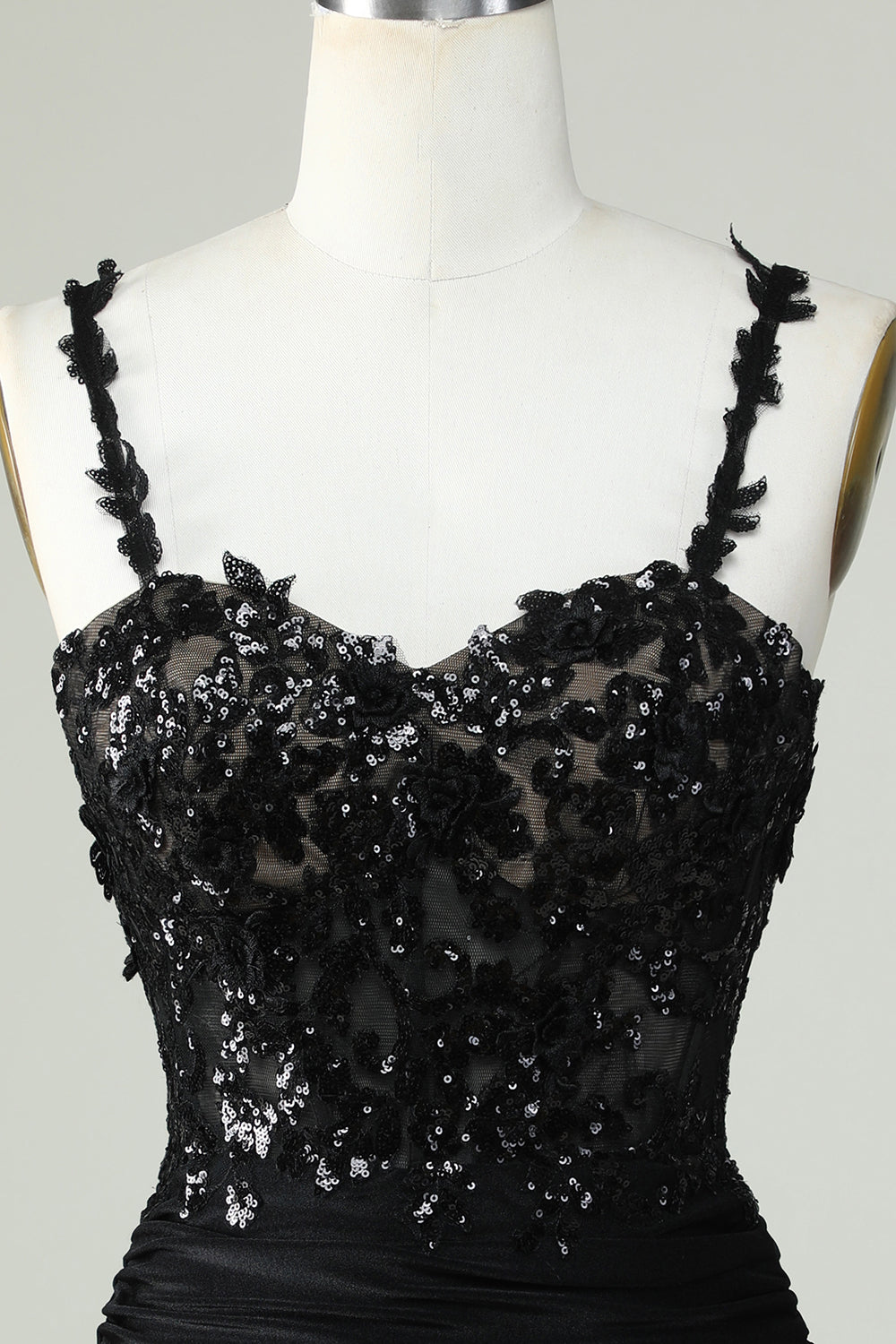 Spaghetti Straps Black Corset Tight Homecoming Dress with Appliques