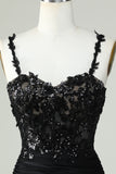 Spaghetti Straps Black Corset Tight Homecoming Dress with Appliques