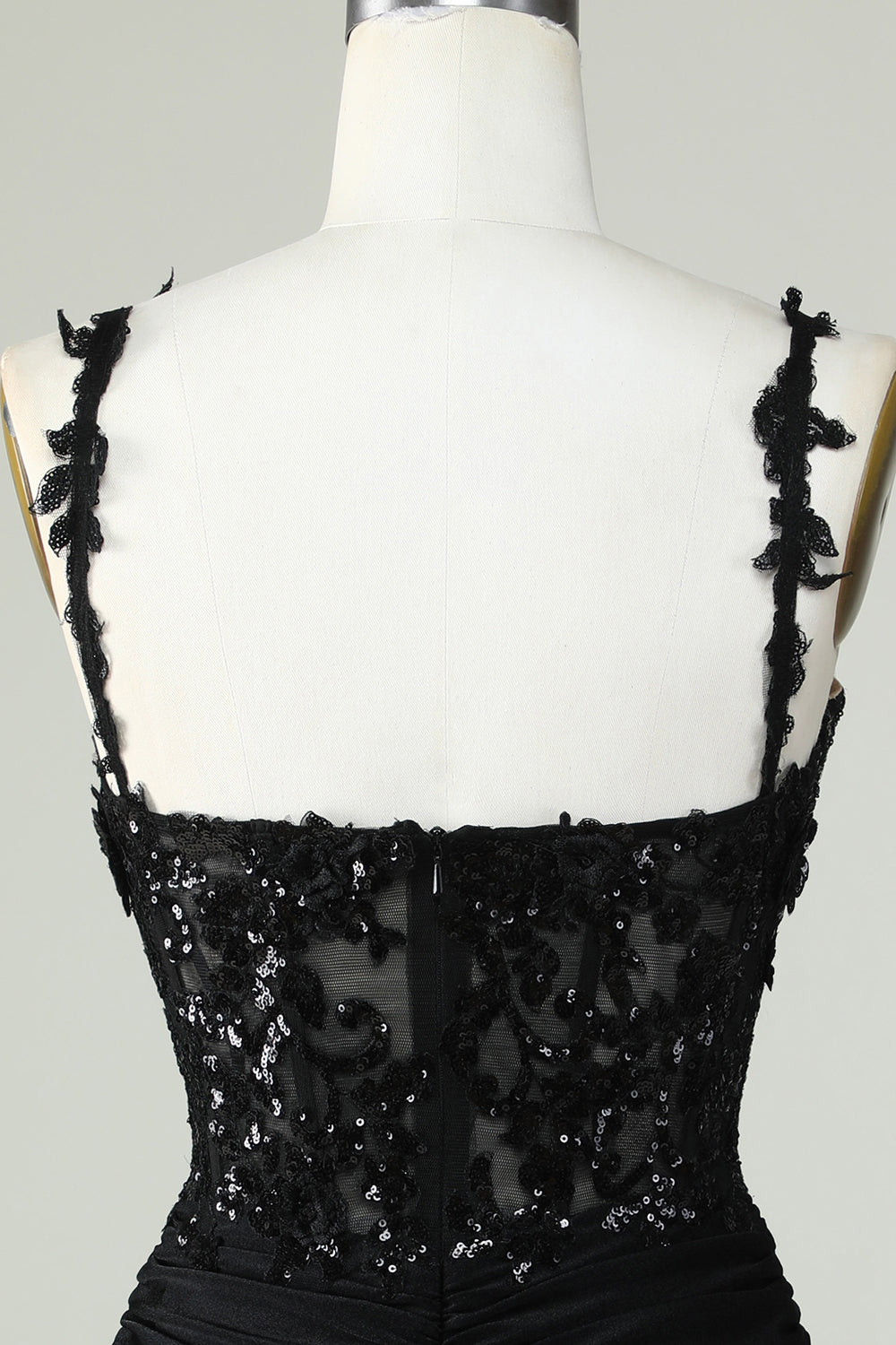 Spaghetti Straps Black Corset Tight Homecoming Dress with Appliques