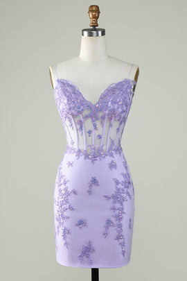 Glitter Purple Corset Tight Homecoming Dress with Appliques