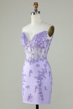 Glitter Purple Corset Tight Homecoming Dress with Appliques