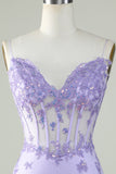 Glitter Purple Corset Tight Homecoming Dress with Appliques