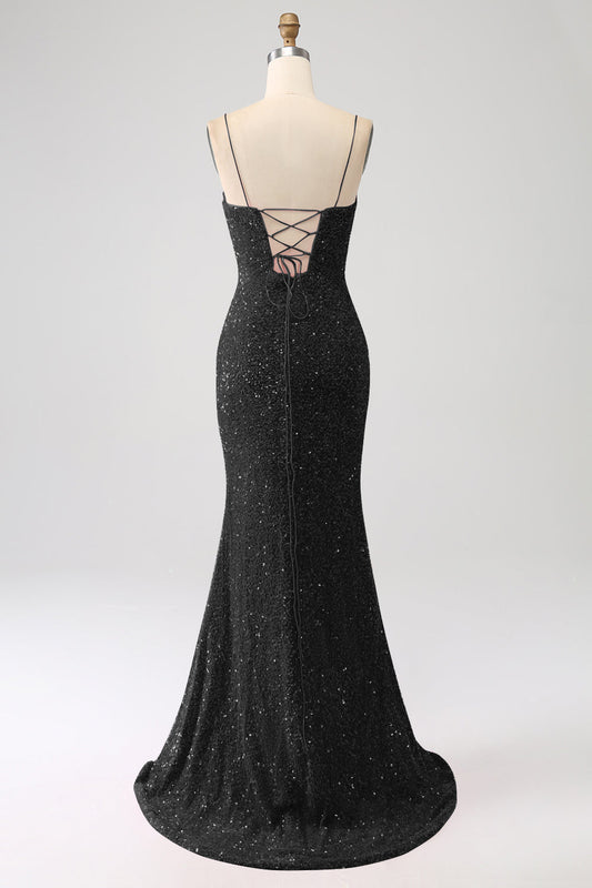 Black Sequins Mermaid Spaghetti Straps V-Neck Long Prom Dress