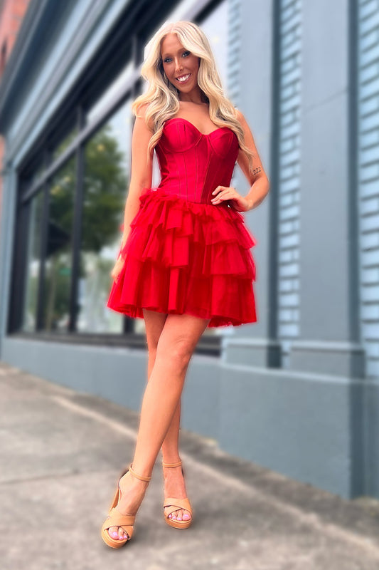 A Line Red Tiered Homecoming Dress