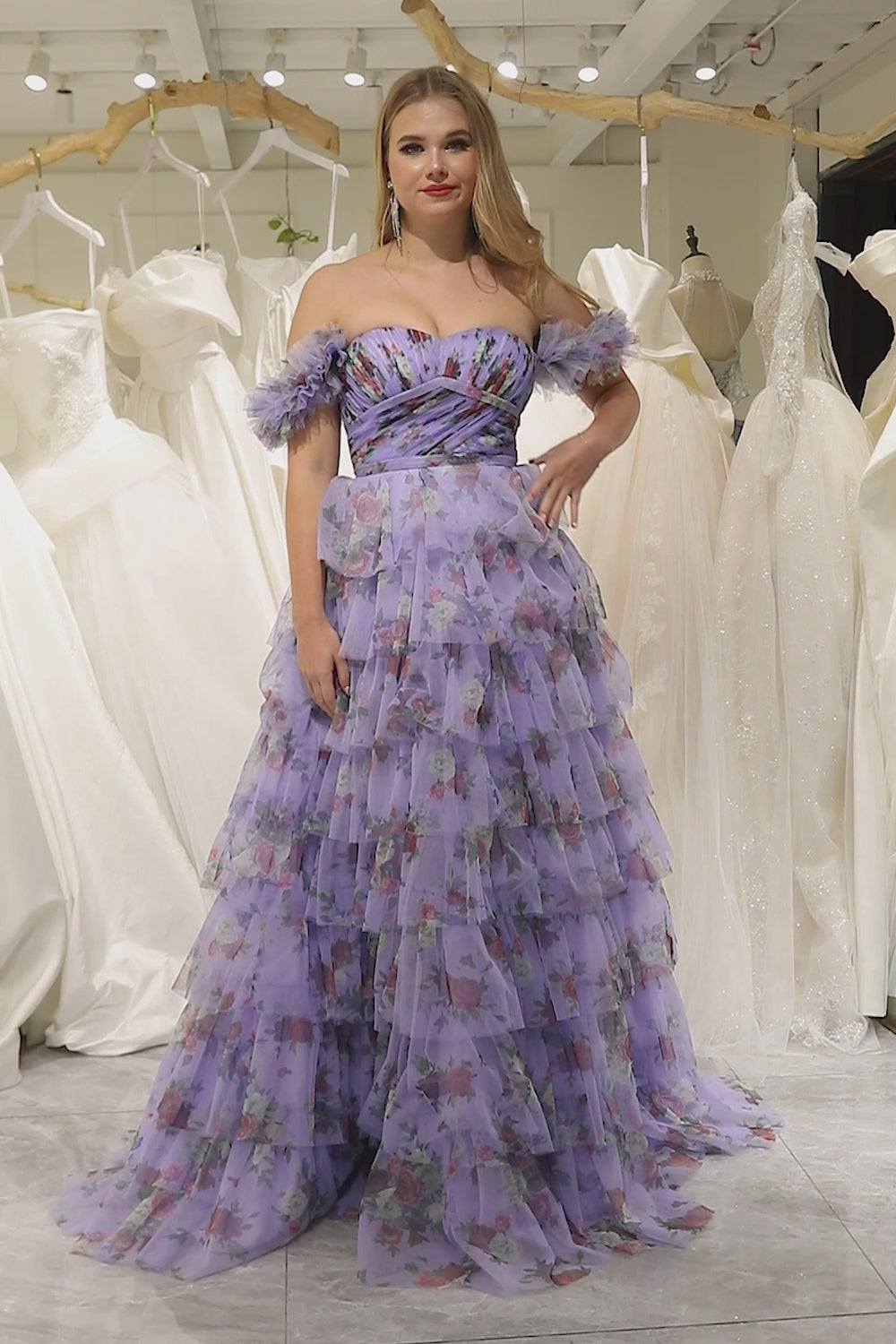 Lavendar A Line Sweetheart Pleated Floral Print Long Tiered Prom Dress