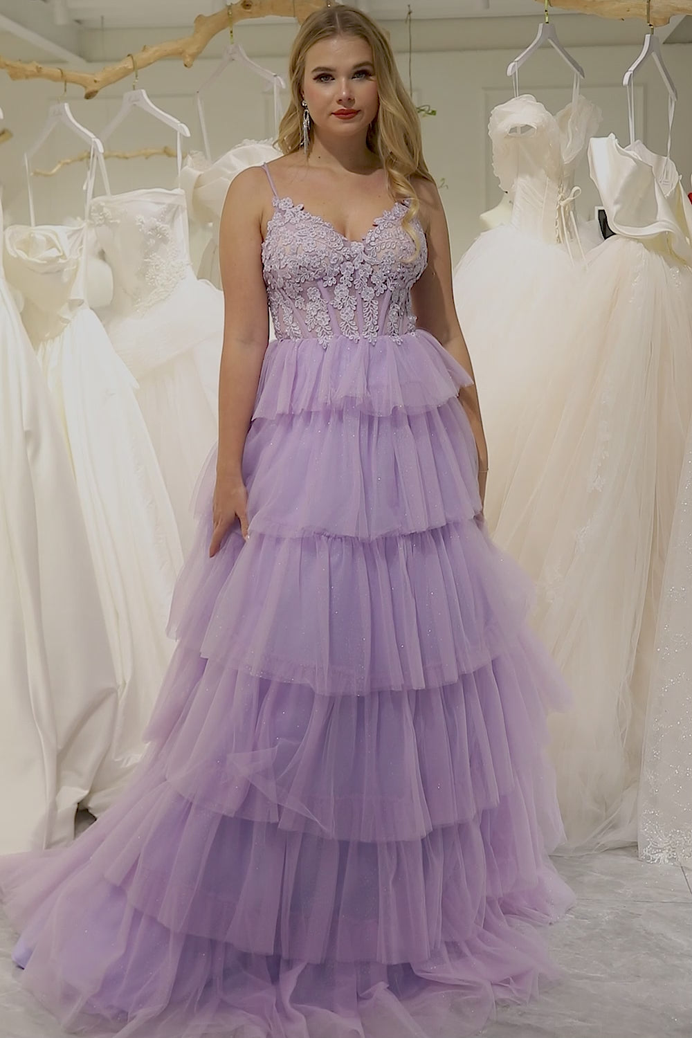 Elegant Lilac A Line Tulle Tiered Long Corset Prom Dress With Appliques