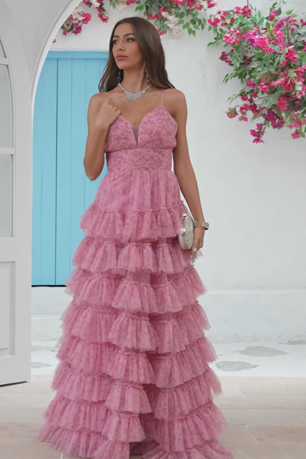 Tulle Spaghetti Straps Layered Prom Dress with Floral Printed