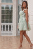 Stylish A Line Off the Shoulder Sage Green Printed Homecoming Dress