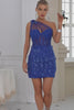 One Shoulder Blue Corset Homecoming Dress with Sequins