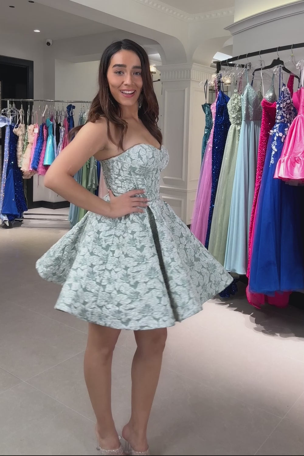 Grey Green Floral A Line Strapless Homecoming Dress