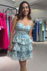 A-Line Spaghetti Straps Tiered Blue Floral Short Homecoming Dress