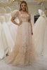 A-Line Floral Print Pleated Tiered Champagne Prom Dress With Puff Sleeves