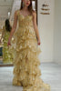 Off The Shoulder Golden Tulle Tiered Prom Dress