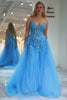 A-Line Spaghetti Straps Tulle Long Blue Prom Dress With Appliques